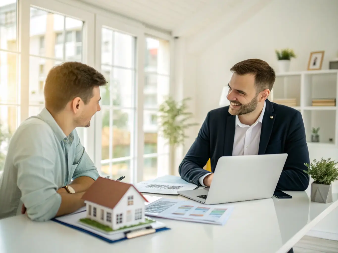 A consultant providing investment advice to a client in a modern office setting, with financial documents and market analysis reports on the table.