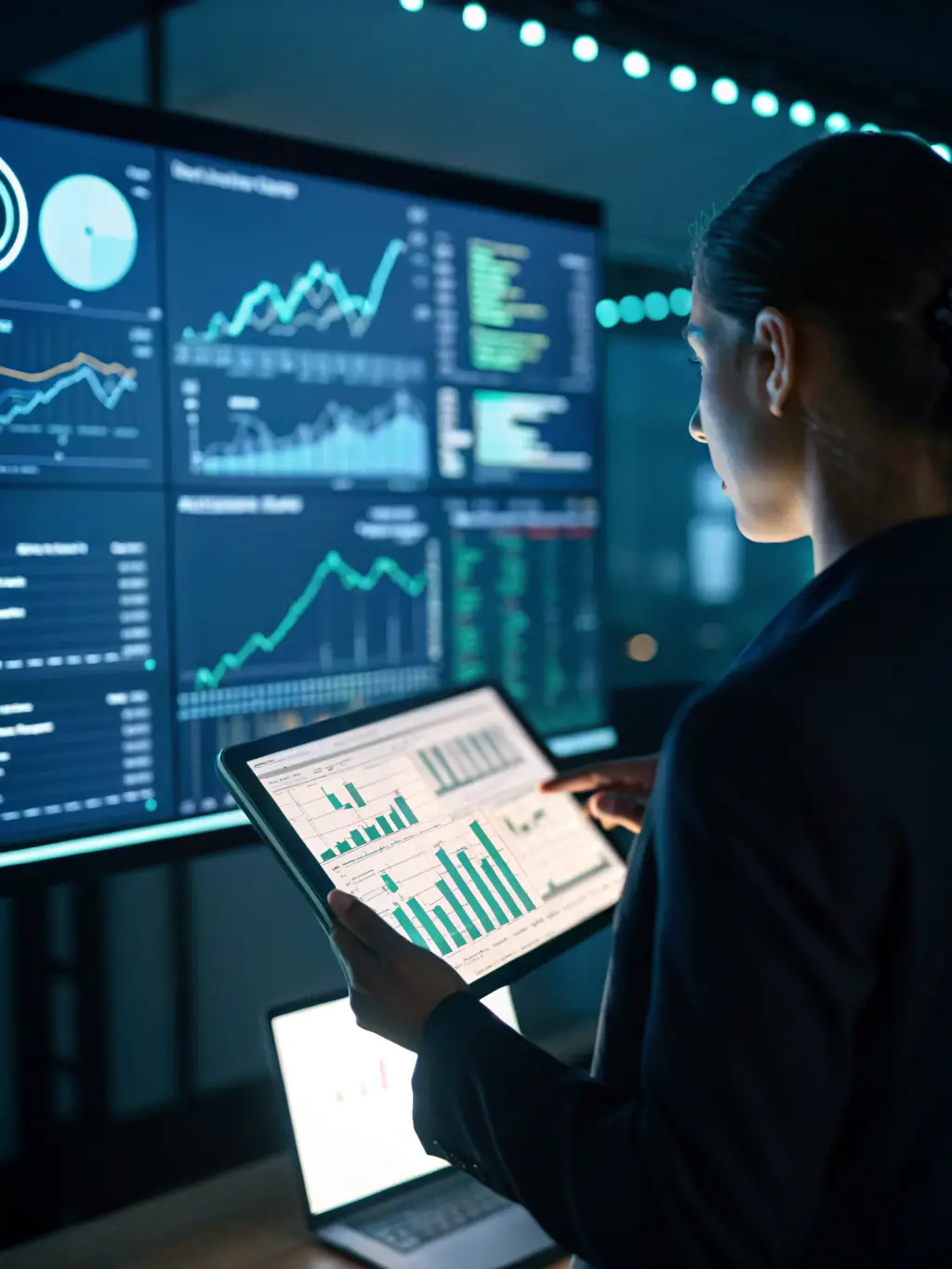 A professional real estate consultant analyzing property data with a tablet in a modern office setting, representing Avy Holdings' data-driven approach.