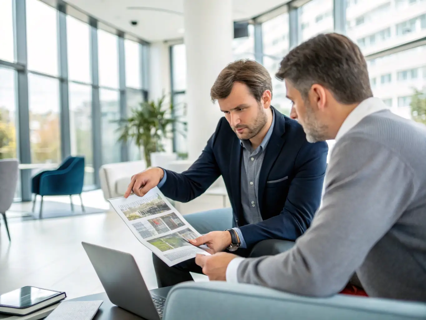 A professional consultant discussing investment options with a client over property plans and market data.