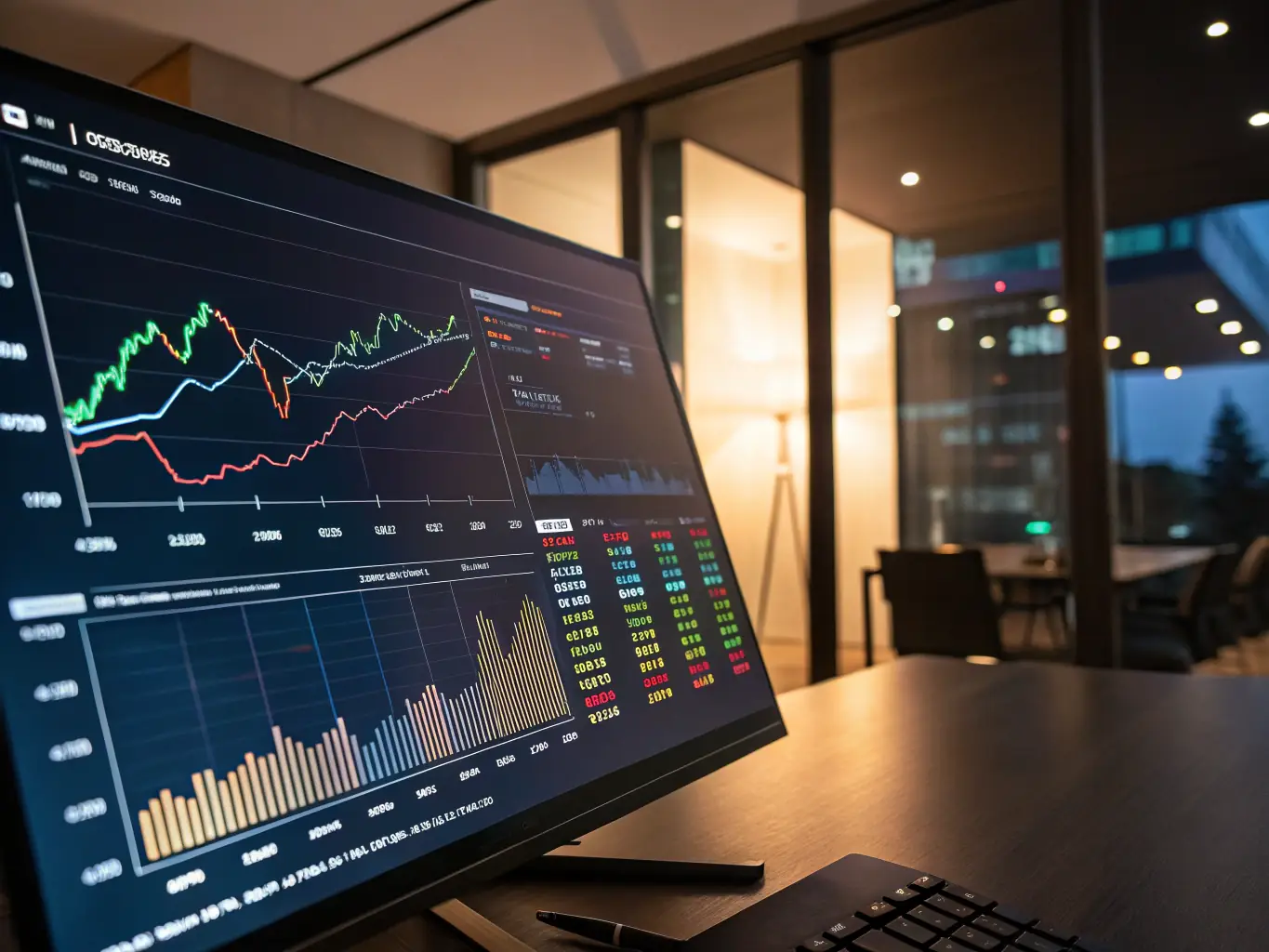 A graph and data charts displayed on a computer screen, illustrating market trends and analysis.