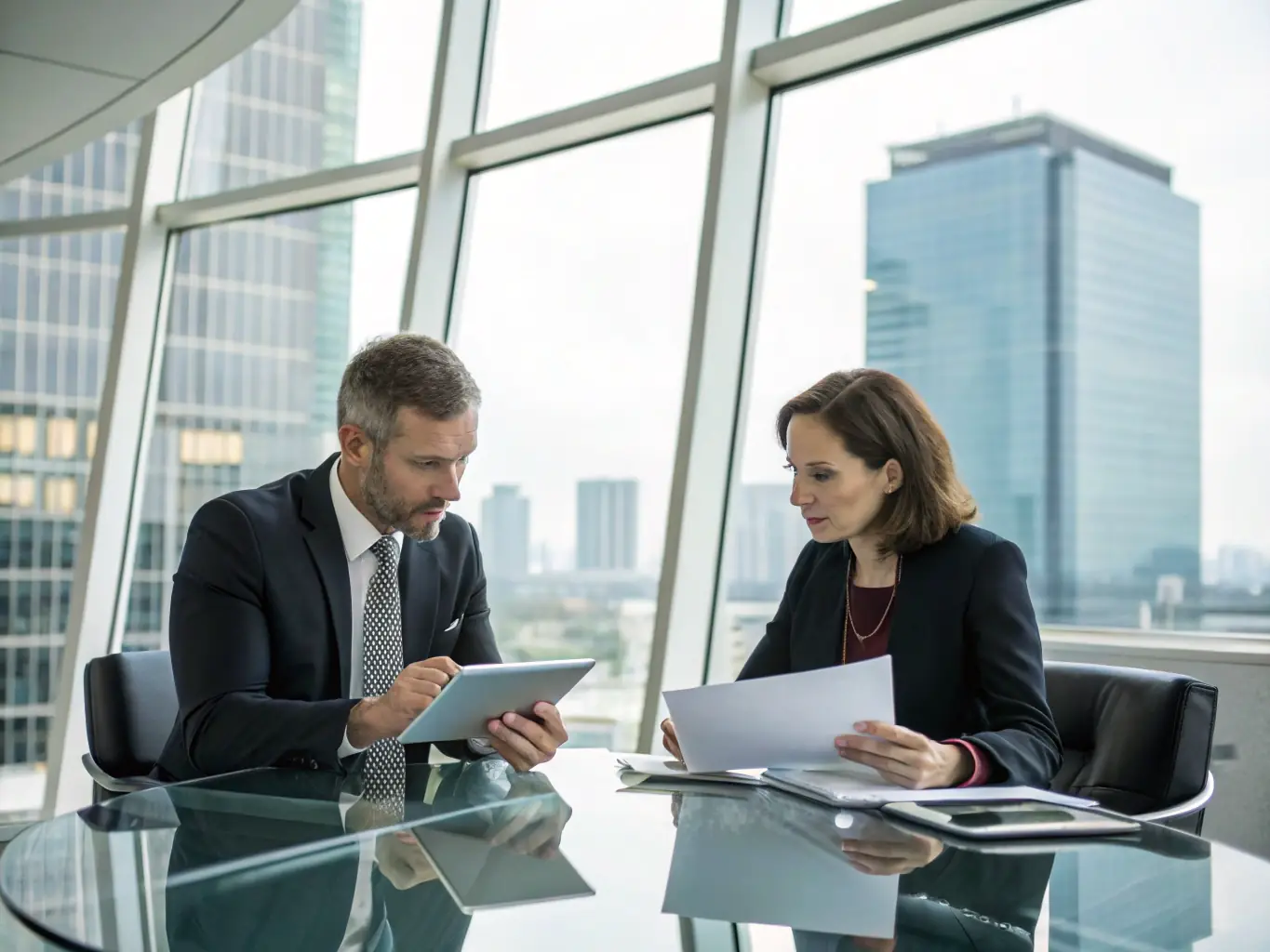 A professional consultant discussing investment options with a client over property plans and market data.