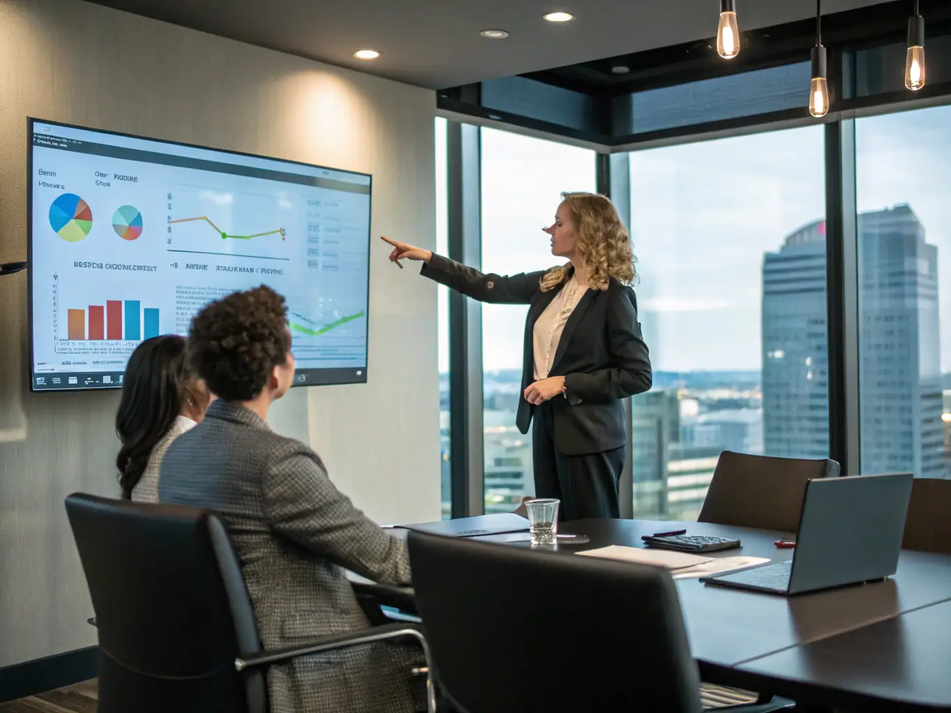 A consultant presenting market analysis findings to a client, using a presentation screen displaying key market trends and insights.