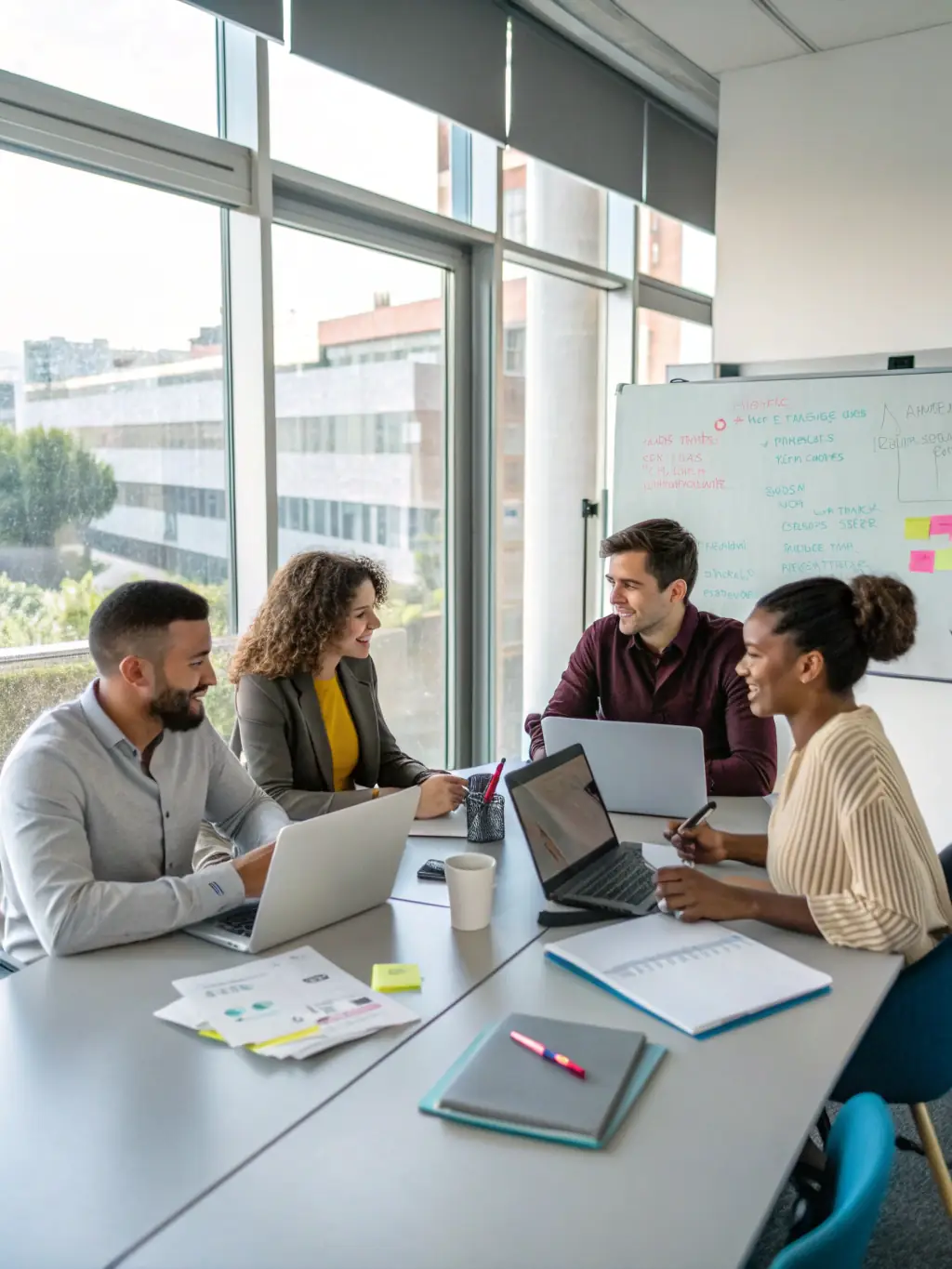 A diverse group of real estate investors discussing investment strategies around a table, symbolizing Avy Holdings' collaborative investment advice.
